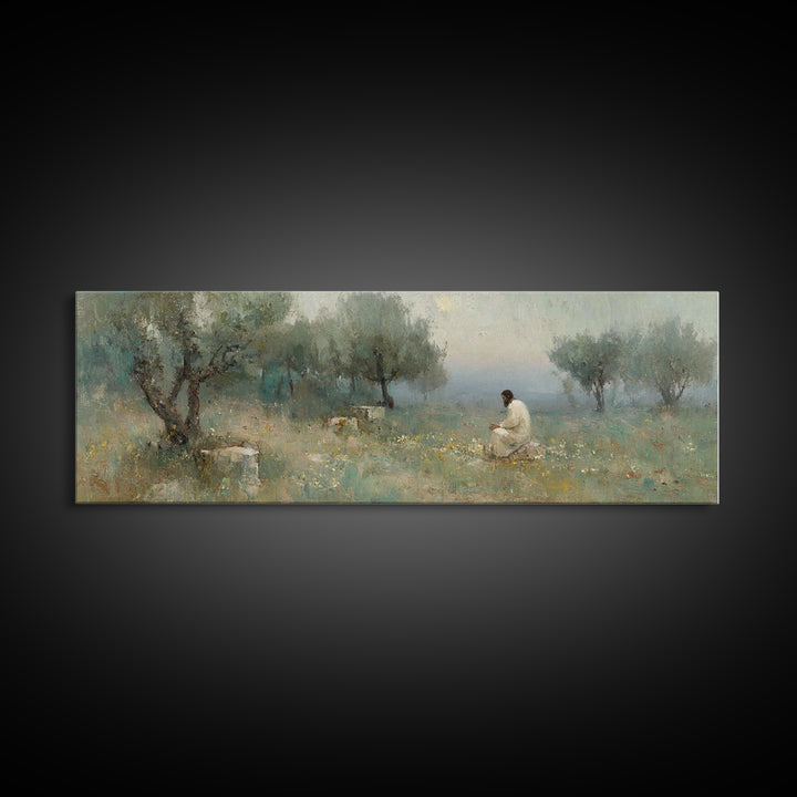 Olive Grove Light – Framed Canvas Print – Jesus Painting – Panoramic Print – Christian Art Canvas – Christian Wall Art – Moody Christian Ar