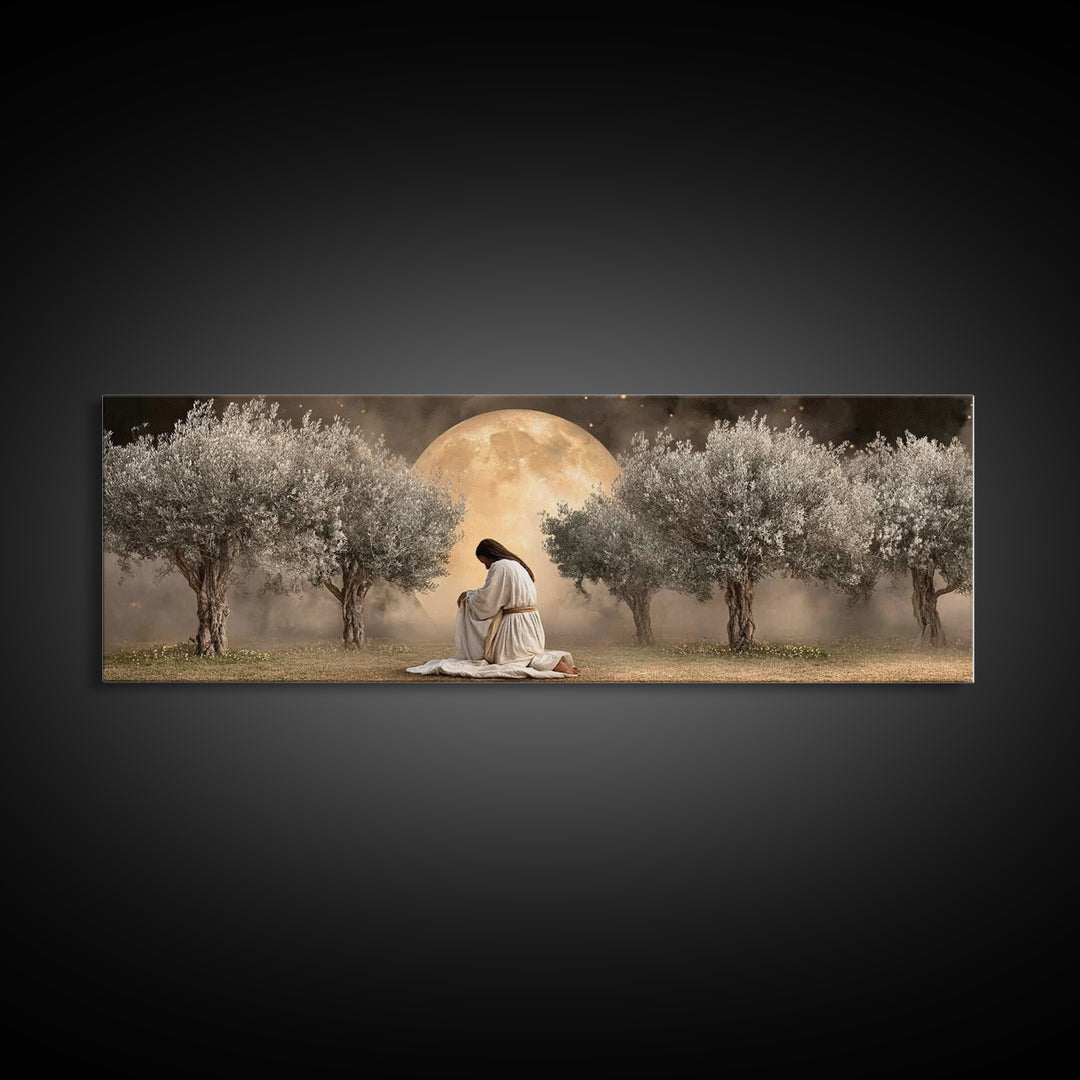 Garden Of Prayer, Framed Canvas Print, Christian Art, Jesus Painting, Panoramic Art, Christian Decor, Christian Gift, Large Christian Art,