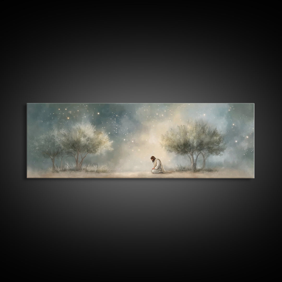 Night Of Devotion – Framed Canvas Print – Christian Art – Jesus Painting – Panoramic Art – Christian Decor – Christian Gift – Large Christi