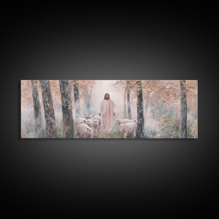 Mist Of The Flock, Framed Canvas Print, Christian Art, Jesus Painting, Panoramic Art, Christian Decor, Christian Gift, Large Christian Art,