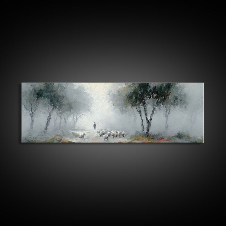 Morning Shepherd Calm – Framed Canvas Print – Panoramic Print – Christian Art Work – Christian Christmas Art – Jesus Painting – Christian D