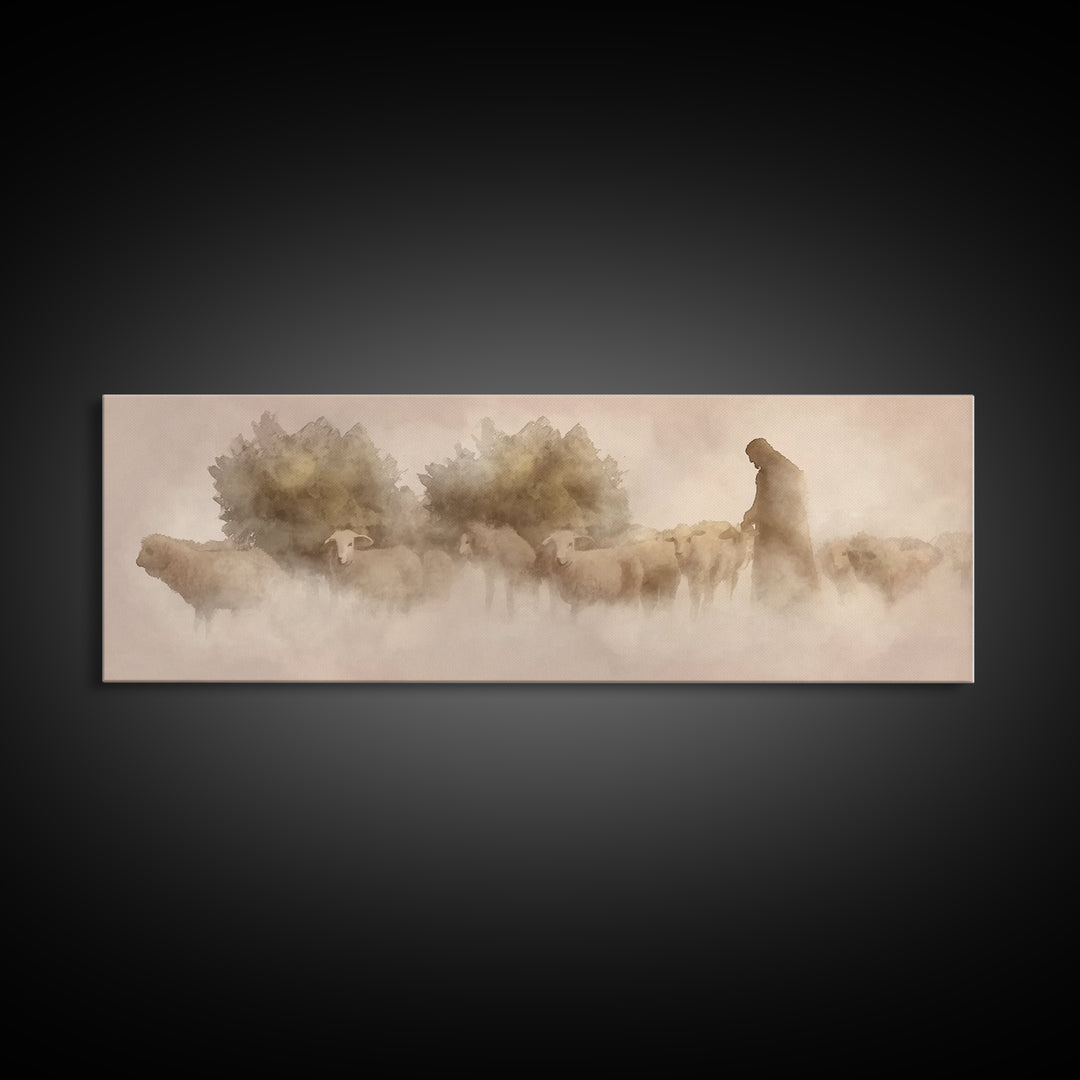 Shepherd Of Dawn | Framed Canvas Print | Panoramic Frame | Christian Art Canvas | Jesus Wall Art | Christmas Art | Christian Gift Ideas