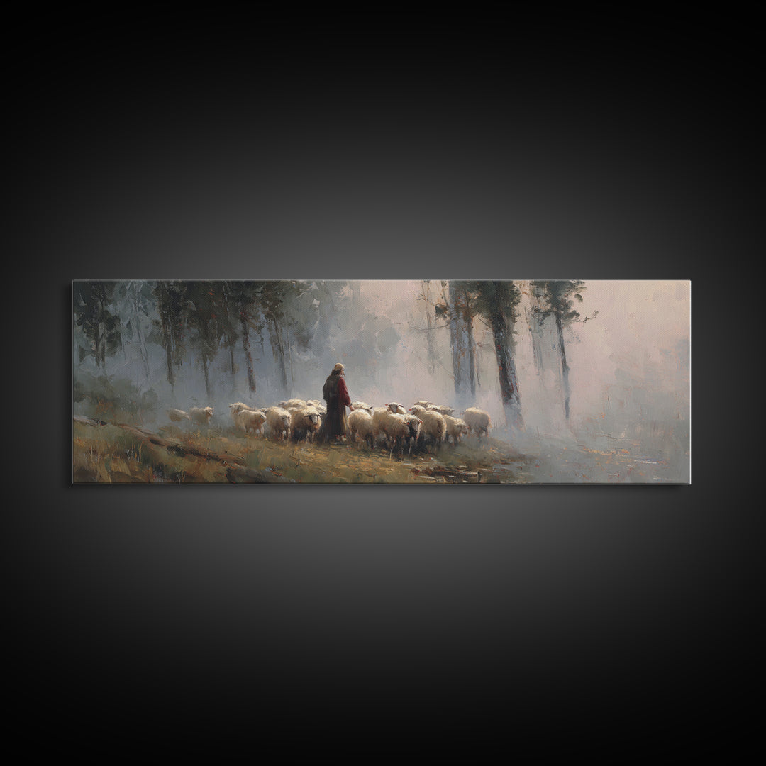 Forest Flock Grace – Framed Canvas Print – Panoramic Painting – Christian Art Gift – Jesus Canvas Art – Christmas Art Work – Christian Wall