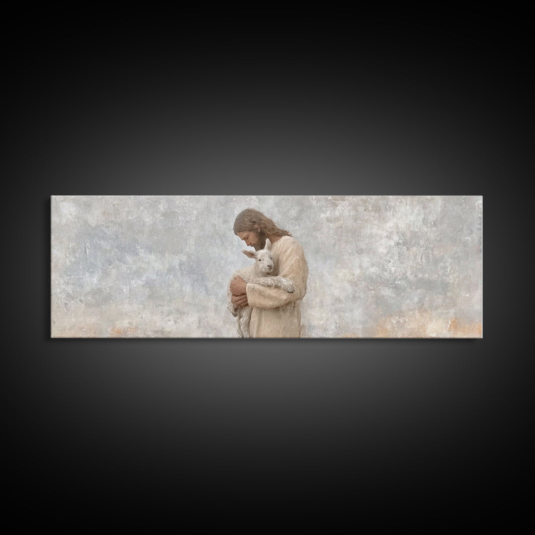 Lamb Of Comfort – Framed Canvas Print – Panoramic Wall Art – Jesus Christmas Art – Christian Art Print – Christmas Canvas Wall Art – Christ
