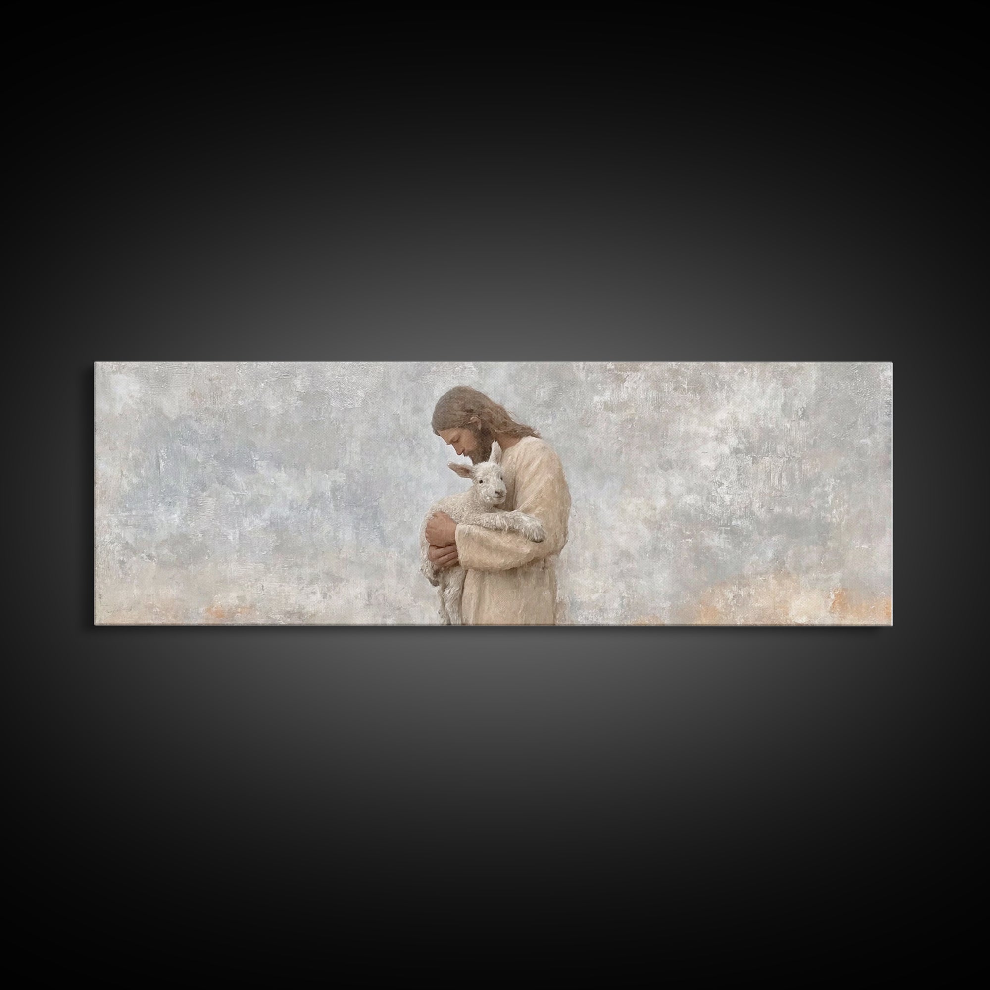 Lamb Of Comfort – Framed Canvas Print – Panoramic Wall Art – Jesus Christmas Art – Christian Art Print – Christmas Canvas Wall Art – Christ