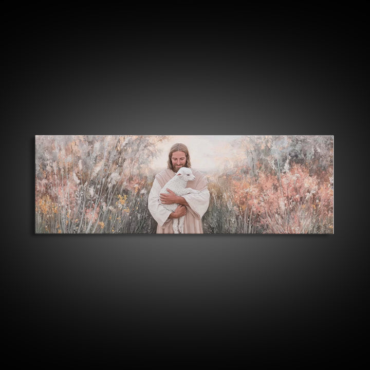 Compassionate Shepherd, Framed Canvas Print, Panoramic Print, Jesus Canvas Art, Christian Wall Art, Christmas Art Prints, Modern Christian