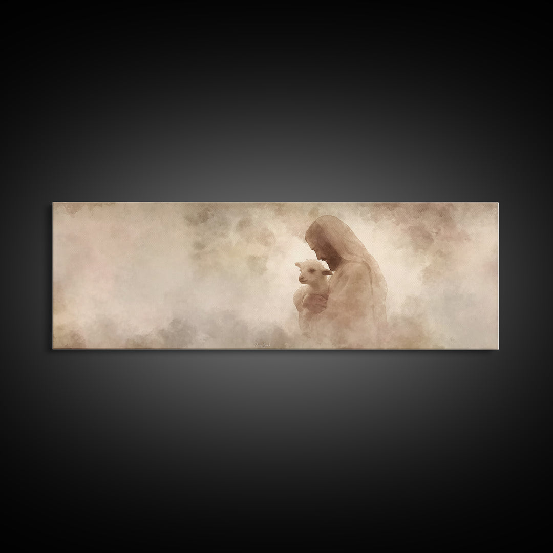 Tender Shepherd Love | Framed Canvas Print | Panoramic Wall Art | Jesus Painting | Christian Art Print | Christian Christmas Art | Modern C