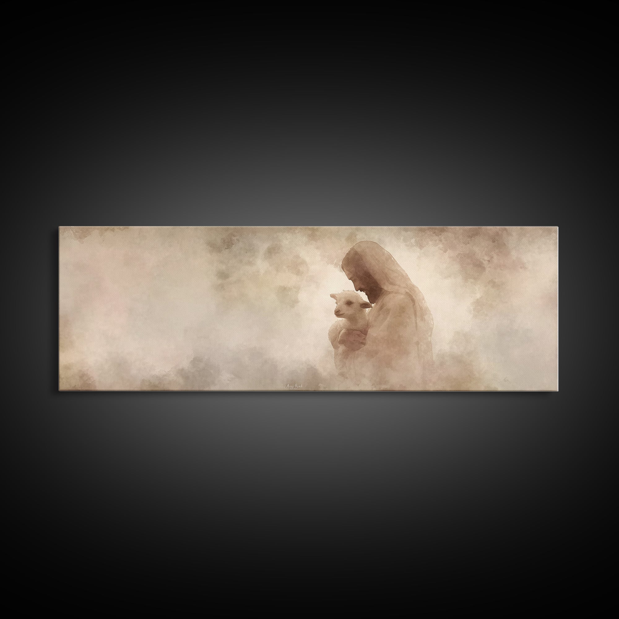 Tender Shepherd Love | Framed Canvas Print | Panoramic Wall Art | Jesus Painting | Christian Art Print | Christian Christmas Art | Modern C