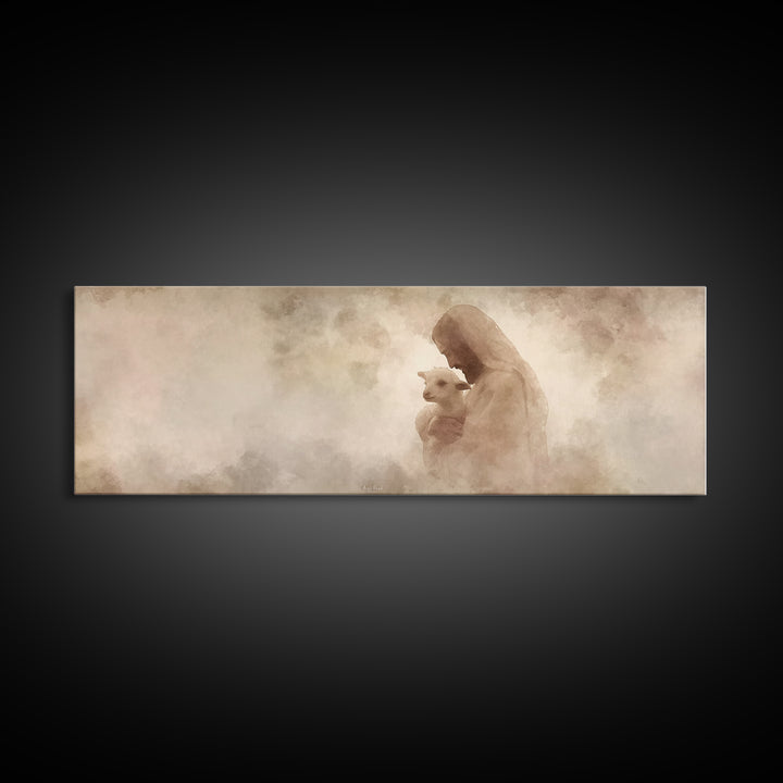 Tender Shepherd Love | Framed Canvas Print | Panoramic Wall Art | Jesus Painting | Christian Art Print | Christian Christmas Art | Modern C