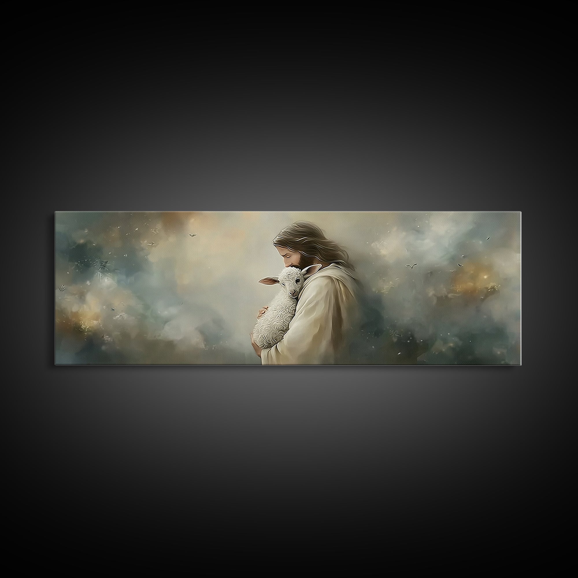 Heaven’s Gentle Care, Framed Canvas Print, Panoramic Painting, Jesus Canvas Art, Christian Wall Art, Christmas Art Prints, Subtle Christian