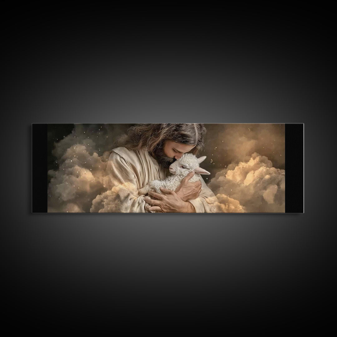 Sacred Lamb Embrace – Framed Canvas Print – Panoramic Frame – Christian Art Canvas – Jesus Wall Art – Christmas Art Work – Christian Gift I