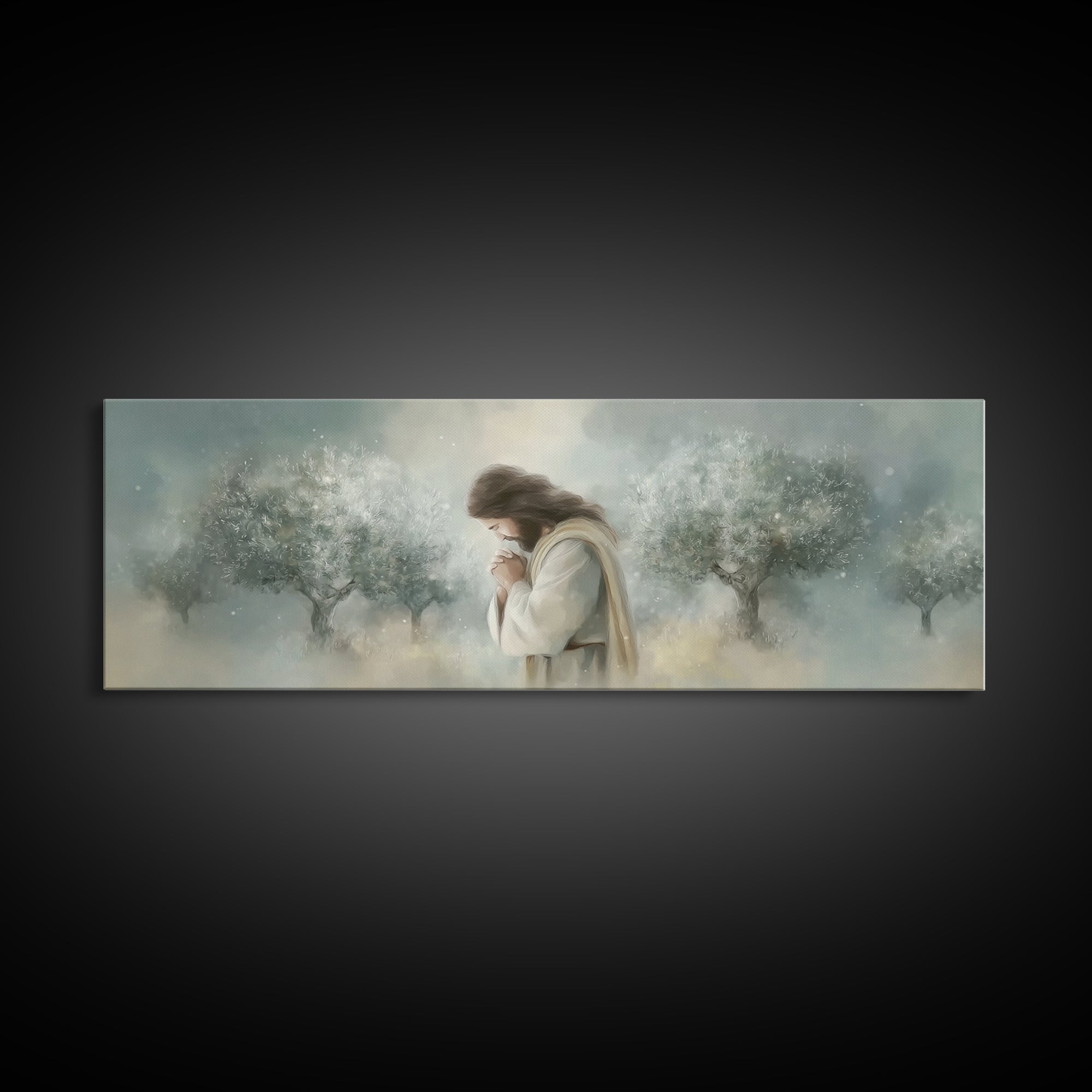 Olive Grove Prayer – Framed Canvas Print – Panoramic Painting – Christian Art Canvas – Jesus Painting – Christmas Wall Art – Subtle Christi