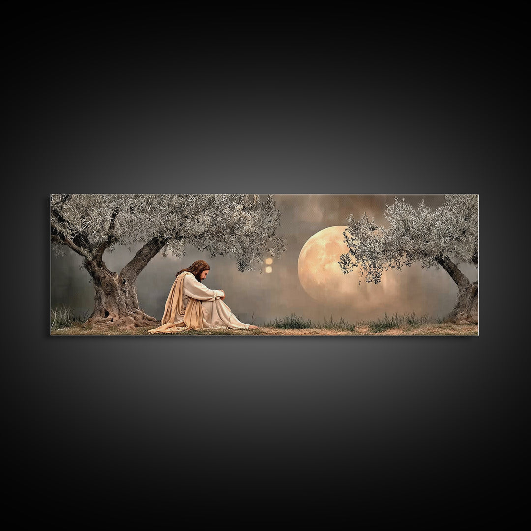 Moonlit Garden Prayer, Framed Canvas Print, Panoramic Painting, Jesus Painting Canvas, Christian Art Canvas, Christian Wall Art, Christmas