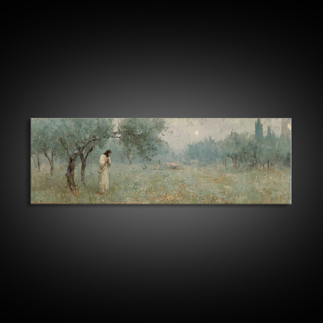 Olive Grove Prayer, Framed Canvas Print, Panoramic Wall Art, Christian Art Canvas, Jesus Painting, Christian Wall Art, Christian Christmas