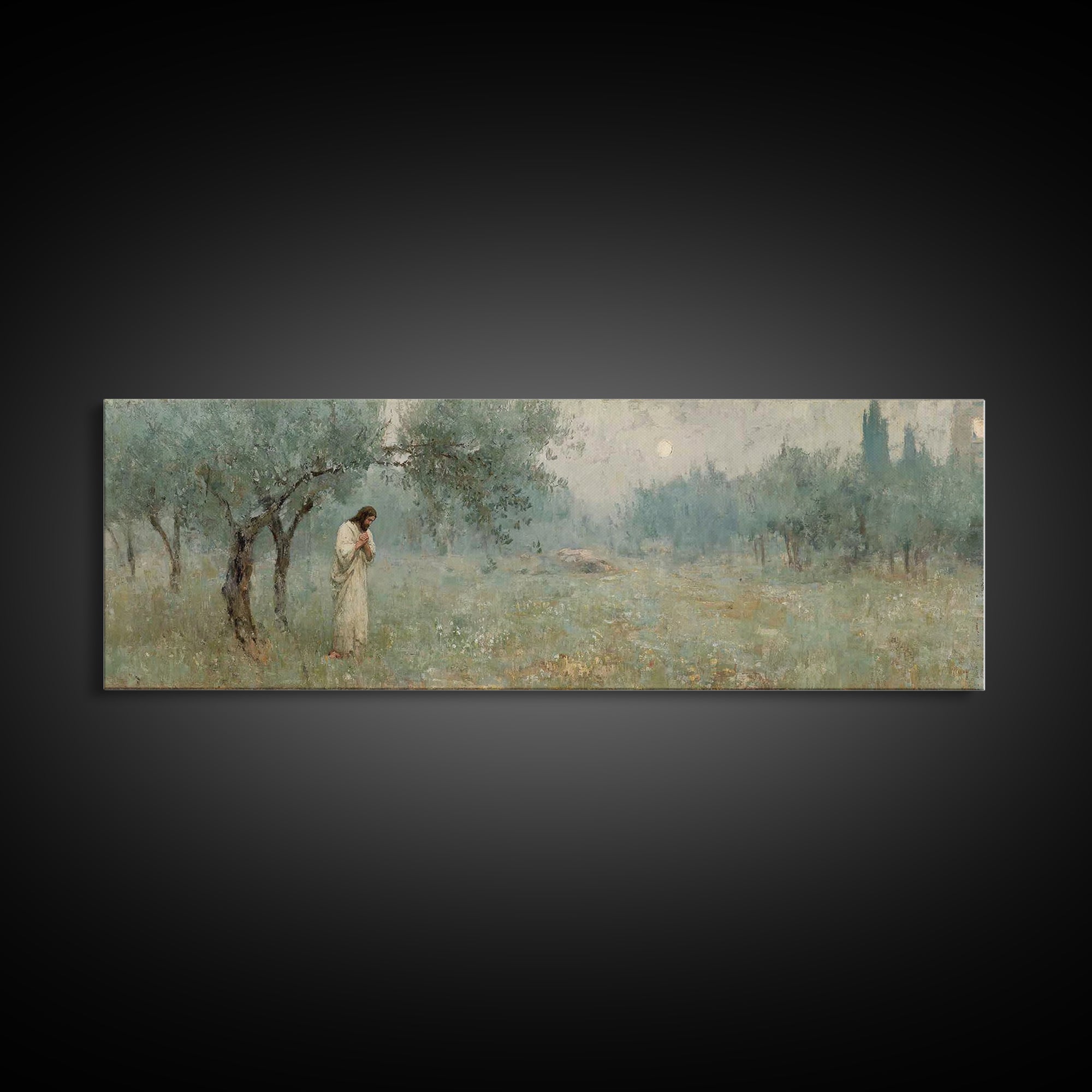 Olive Grove Prayer, Framed Canvas Print, Panoramic Wall Art, Christian Art Canvas, Jesus Painting, Christian Wall Art, Christian Christmas