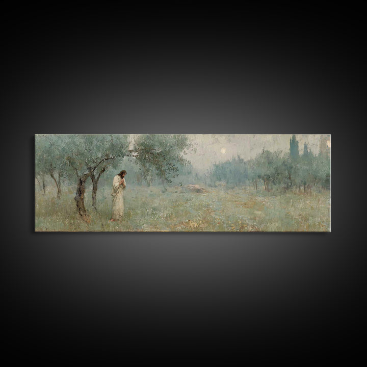 Olive Grove Prayer, Framed Canvas Print, Panoramic Wall Art, Christian Art Canvas, Jesus Painting, Christian Wall Art, Christian Christmas
