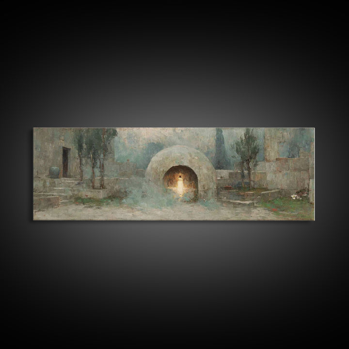 Silent Tombstone Glow, Framed Canvas Print, Panoramic Frame, Christian Art Canvas, Christian Painting, Jesus Wall Art, Christian Christmas