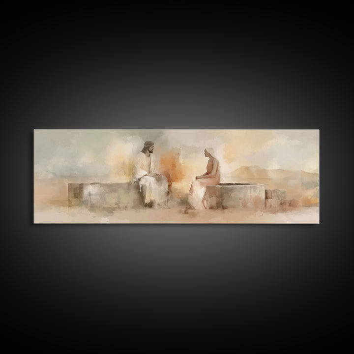 Living Water Meeting | Framed Canvas Print | Panoramic Wall Art | Christian Art Canvas | Christian Painting | Jesus Art Print | Christian D