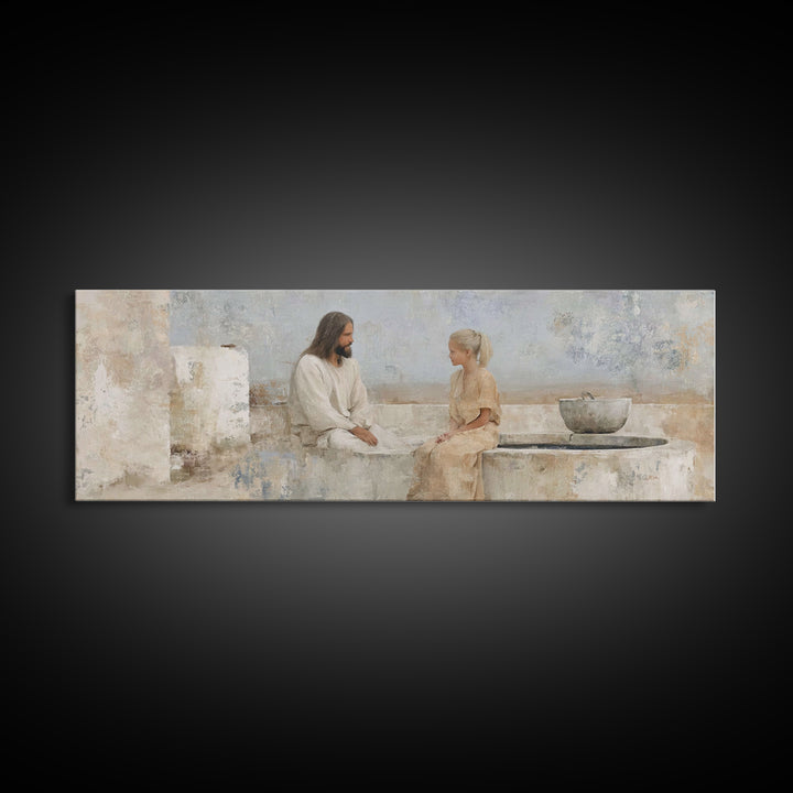 Quiet Well Encounter | Framed Canvas Print | Christian Art Canvas | Jesus Painting | Panoramic Painting | Christian Wall Art | Christian Gi