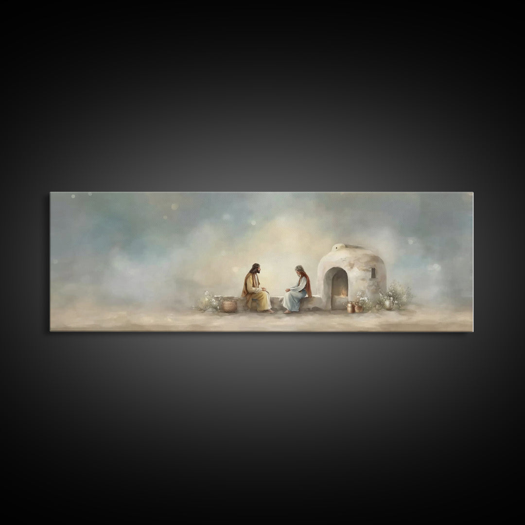 Morning At The Well, Framed Canvas Print, Christian Wall Art, Panoramic Art, Jesus Painting, Christian Decor, Christian Art Print