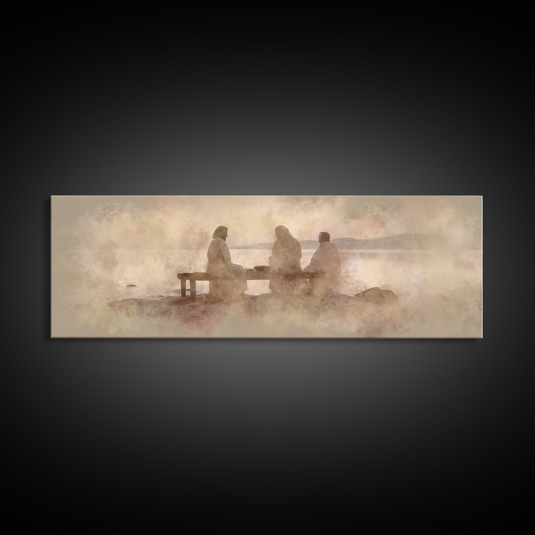 Shoreline Communion, Framed Canvas Print, Christian Wall Art, Christian Art Canvas, Panoramic Art, Jesus Painting, Christian Gift