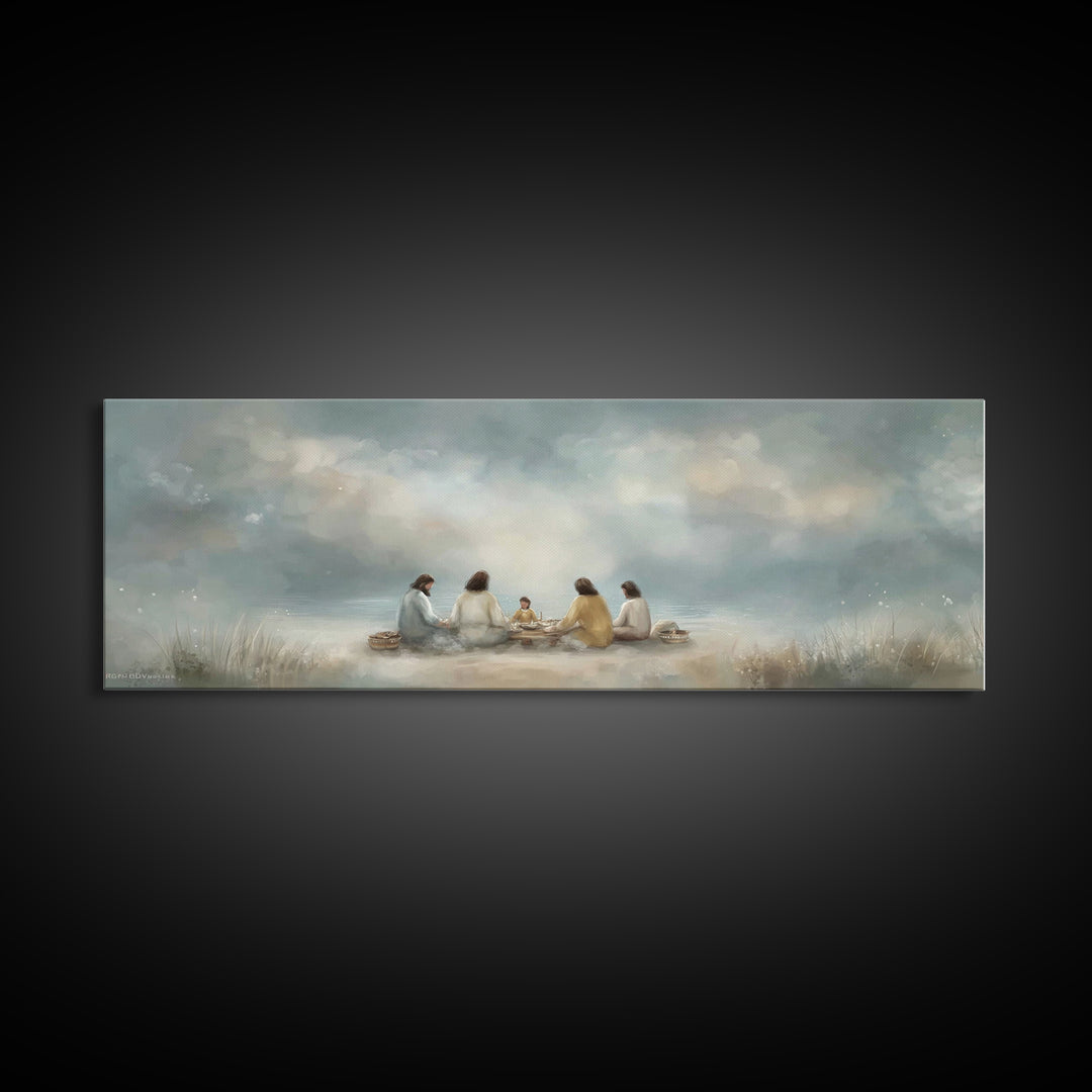 Harbor Meal Blessing | Framed Canvas Print | Christian Wall Art | Jesus Painting | Christian Art Canvas | Panoramic Painting | Christian Gi