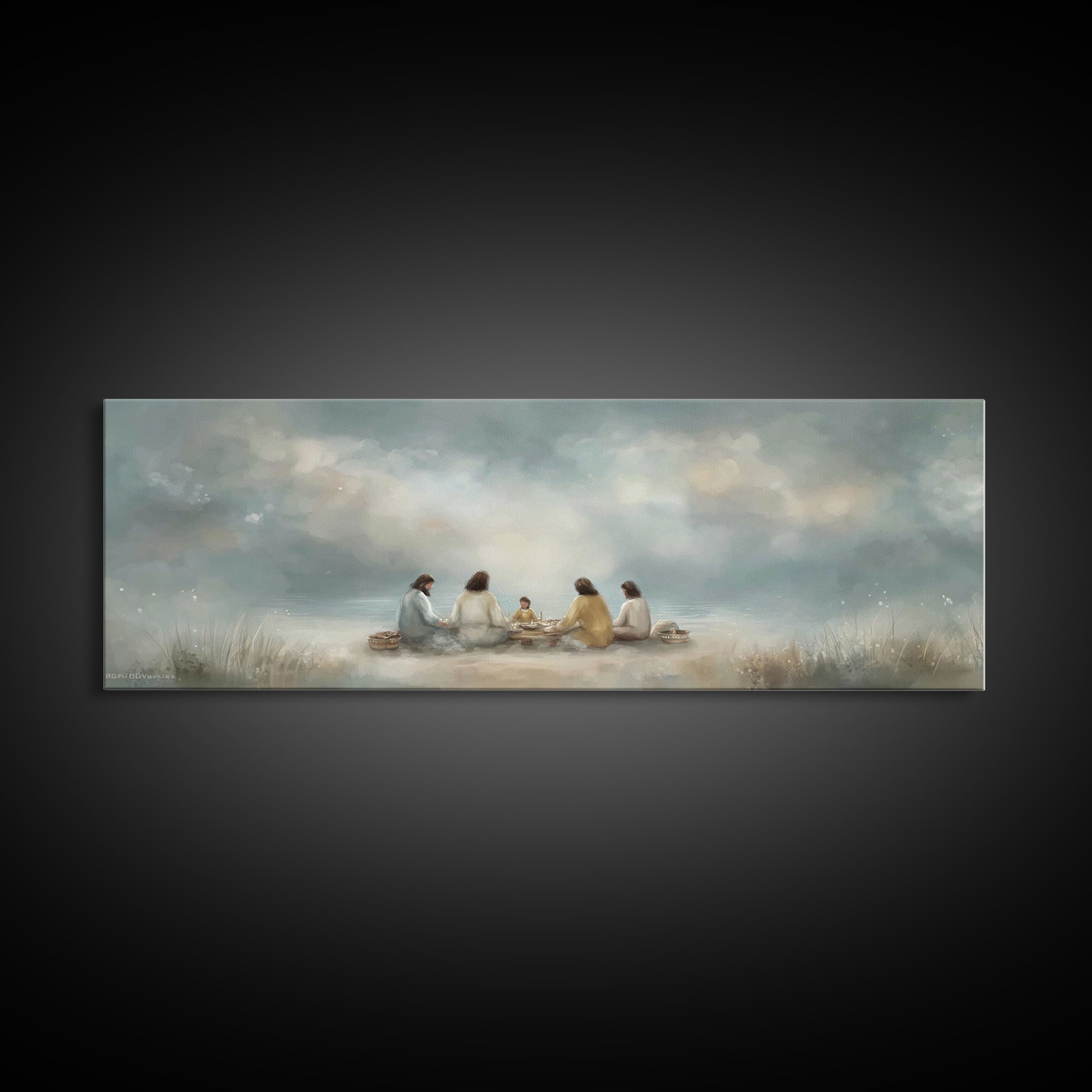 Harbor Meal Blessing | Framed Canvas Print | Christian Wall Art | Jesus Painting | Christian Art Canvas | Panoramic Painting | Christian Gi