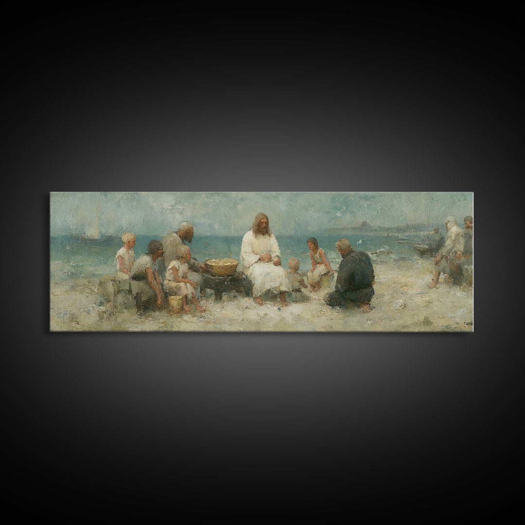 Lakeside Bread Sharing, Framed Canvas Print, Christian Art Canvas, Panoramic Wall Art, Christian Decor, Jesus Painting, Christian Wall Art