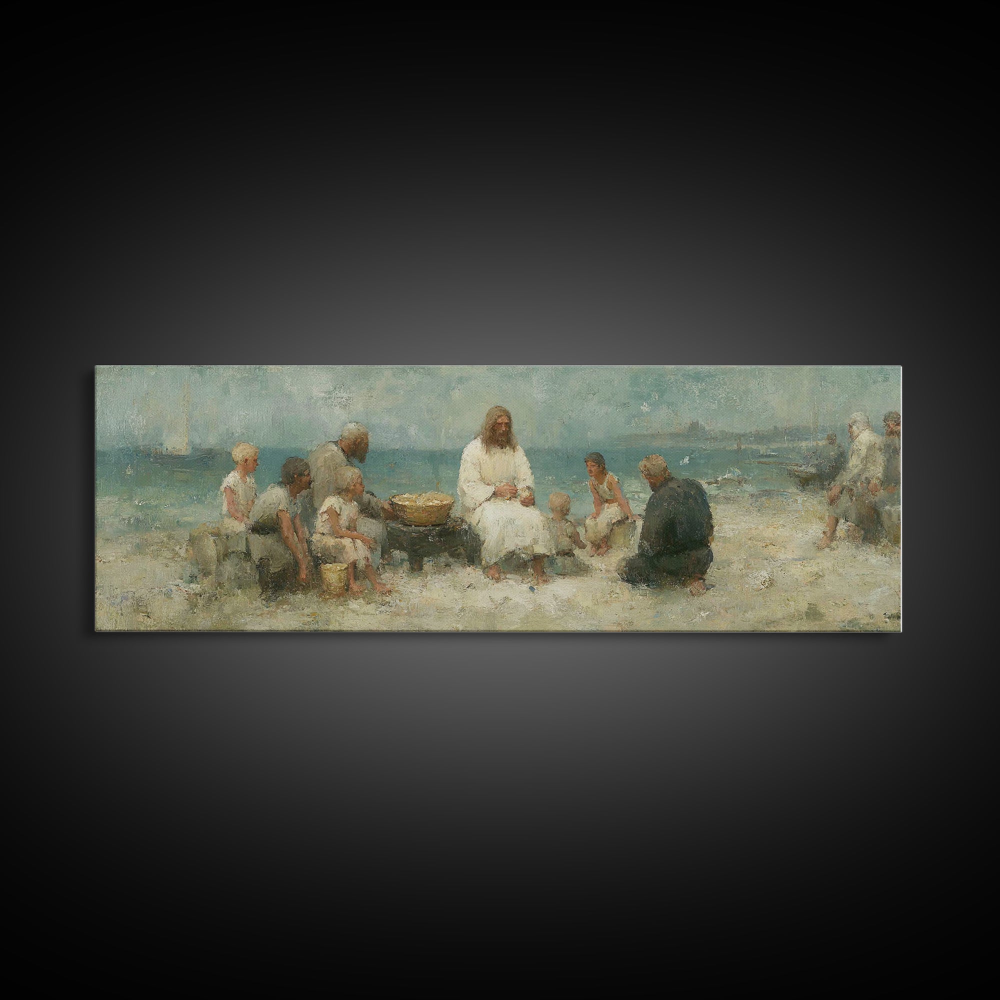 Lakeside Bread Sharing, Framed Canvas Print, Christian Art Canvas, Panoramic Wall Art, Christian Decor, Jesus Painting, Christian Wall Art