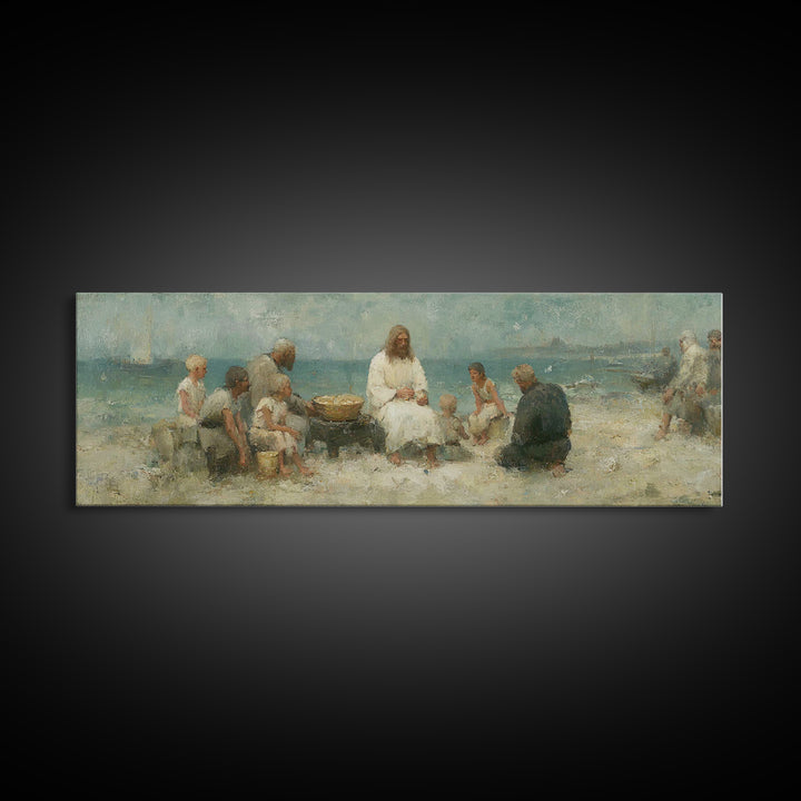 Lakeside Bread Sharing, Framed Canvas Print, Christian Art Canvas, Panoramic Wall Art, Christian Decor, Jesus Painting, Christian Wall Art
