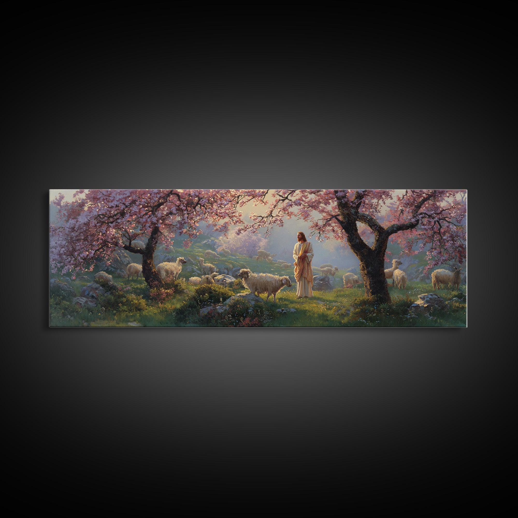 Shepherd Blossom Light, Framed Canvas Print, Panoramic Wall Art, Christian Art Canvas, Jesus Painting, Christian Art, Christian Gift