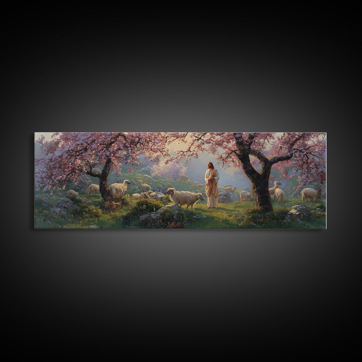 Shepherd Blossom Light, Framed Canvas Print, Panoramic Wall Art, Christian Art Canvas, Jesus Painting, Christian Art, Christian Gift