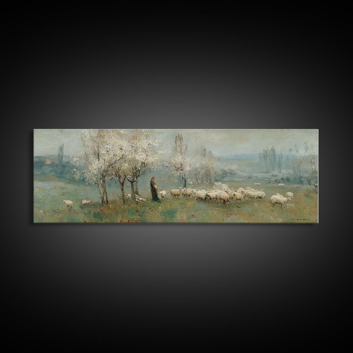Spring Pasture Peace – Framed Canvas Print – Christian Wall Art – Panoramic Art – Christian Art Canvas – Jesus Painting – Christian Decor