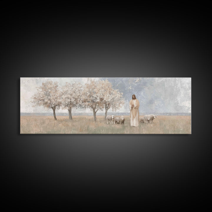 Gentle Meadow Guide | Framed Canvas Print | Christian Art Canvas | Panoramic Frame | Christian Wall Art | Jesus Painting | Christian Gift