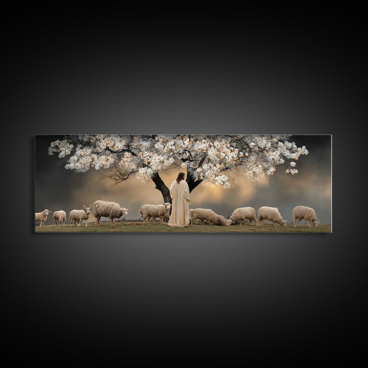 Under Blooming Grace, Framed Canvas Print, Christian Art Canvas, Panoramic Painting, Christian Wall Art, Jesus Painting, Christian Decor