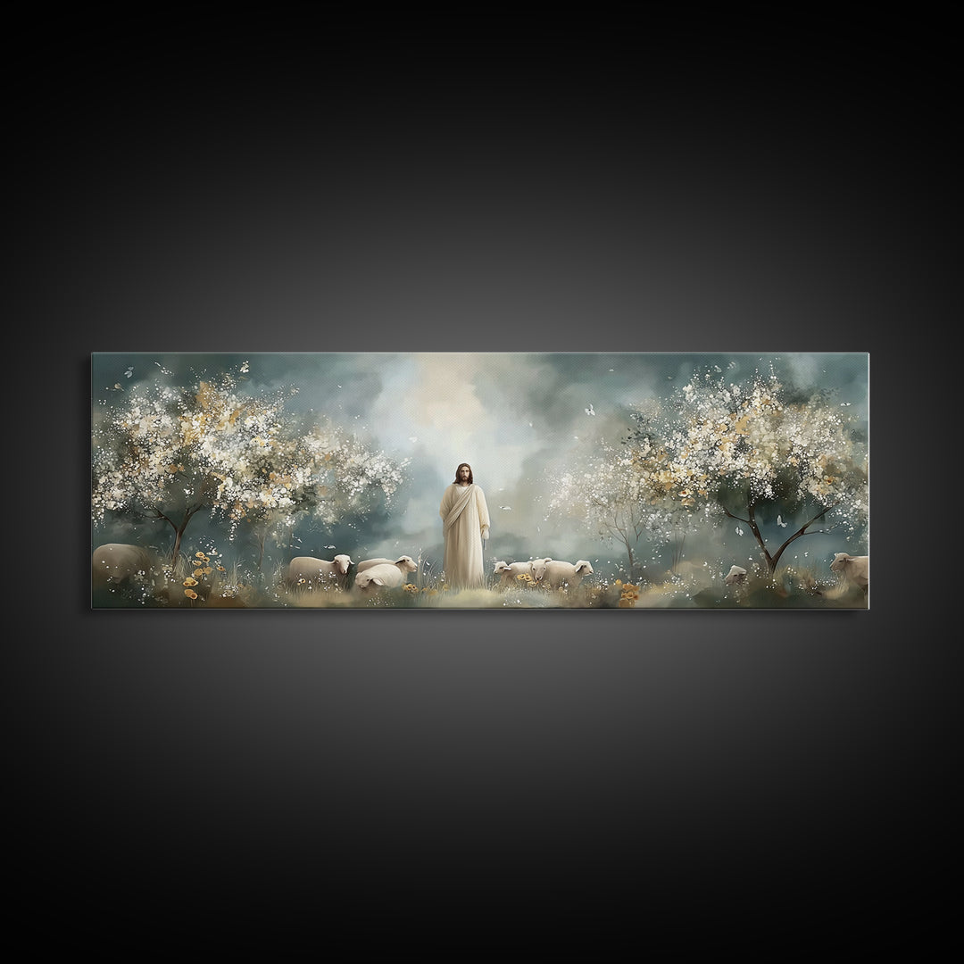 Heavenly Pasture Bloom – Framed Canvas Print – Panoramic Art – Christian Wall Art – Christian Art Canvas – Jesus Painting – Christian Gift