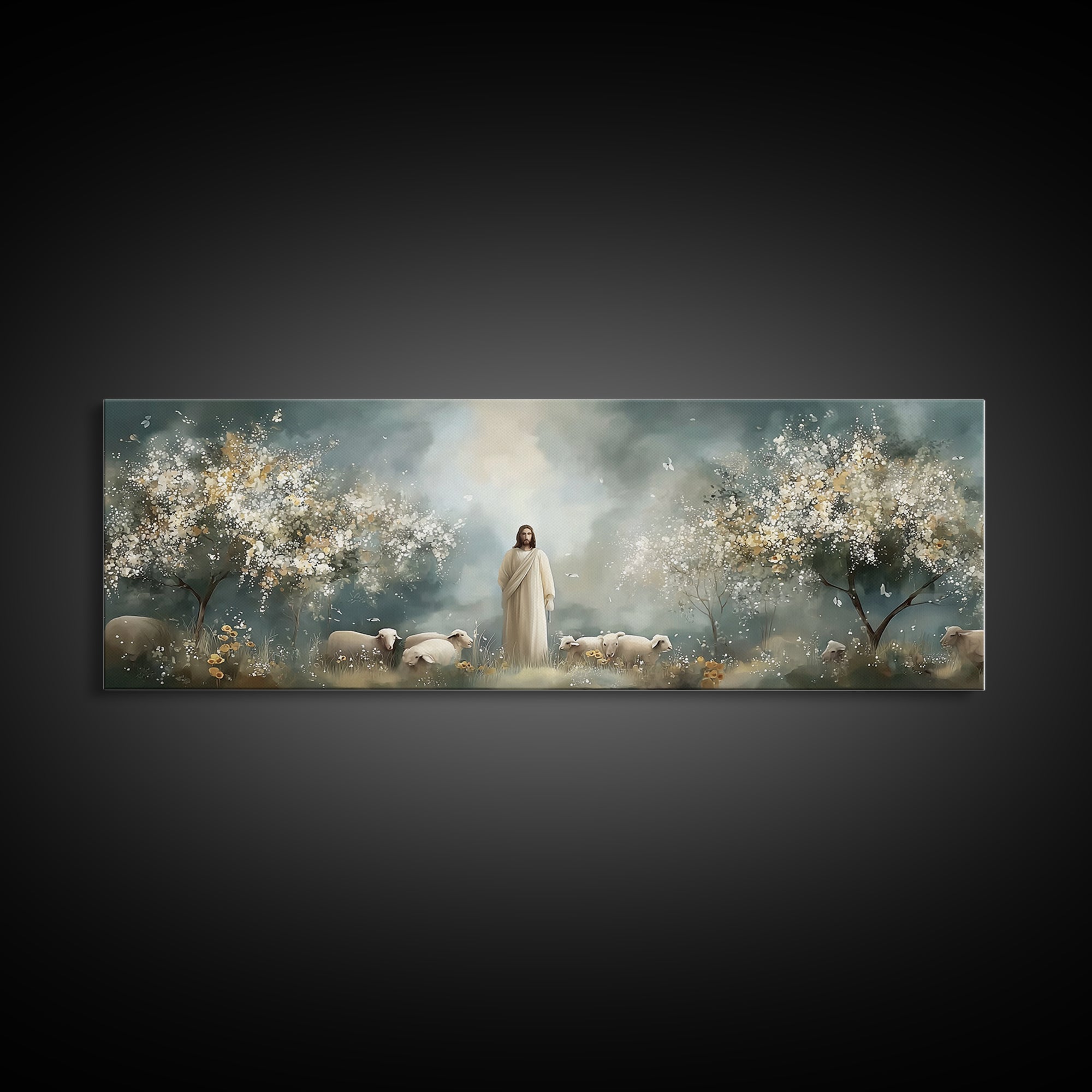 Heavenly Pasture Bloom – Framed Canvas Print – Panoramic Art – Christian Wall Art – Christian Art Canvas – Jesus Painting – Christian Gift
