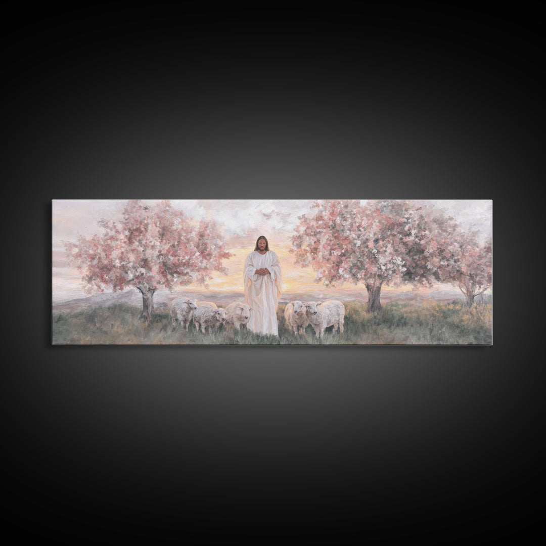 Sunrise Shepherd Calm | Framed Canvas Print | Panoramic Wall Art | Christian Art Canvas | Jesus Painting | Christian Art | Christian Gift
