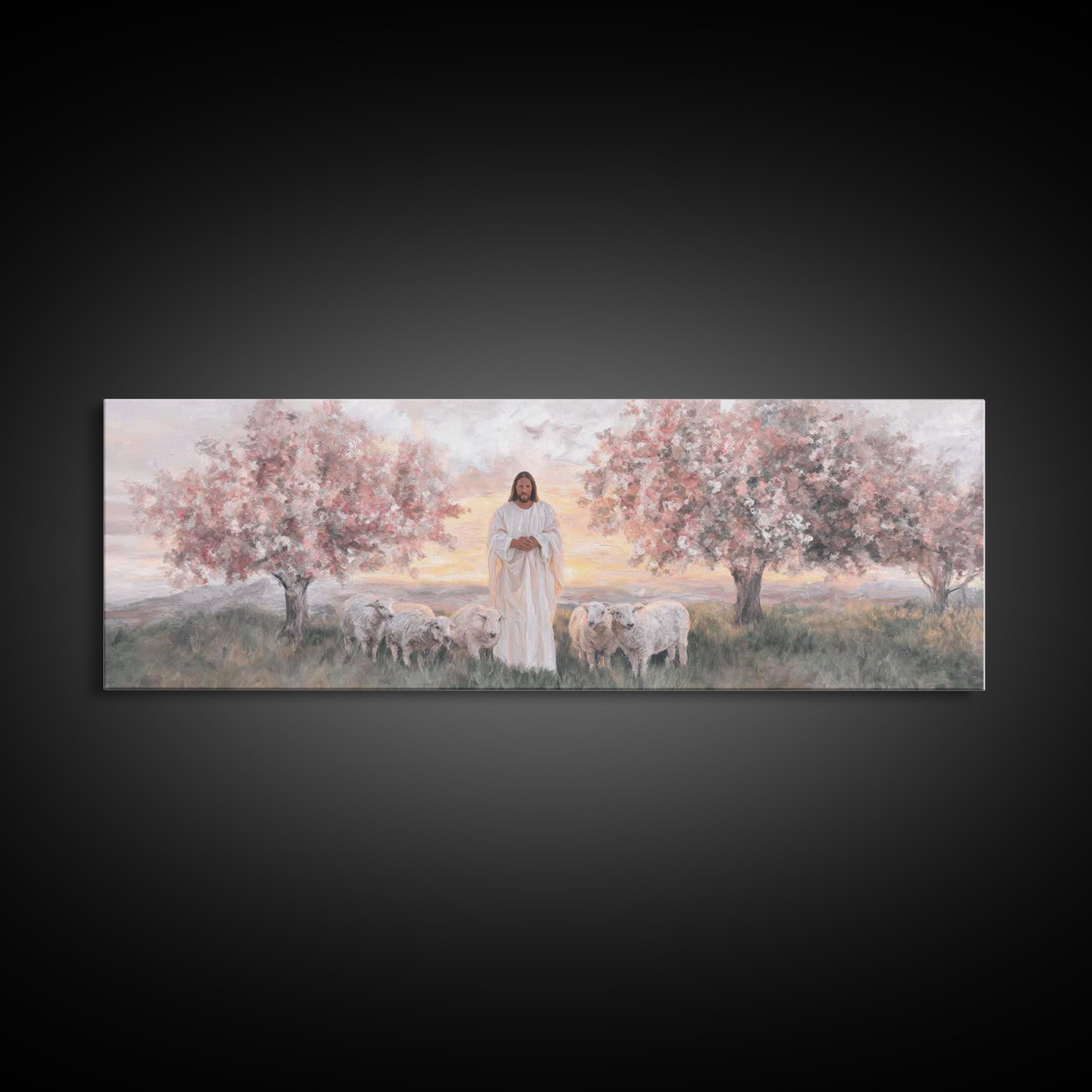 Sunrise Shepherd Calm | Framed Canvas Print | Panoramic Wall Art | Christian Art Canvas | Jesus Painting | Christian Art | Christian Gift