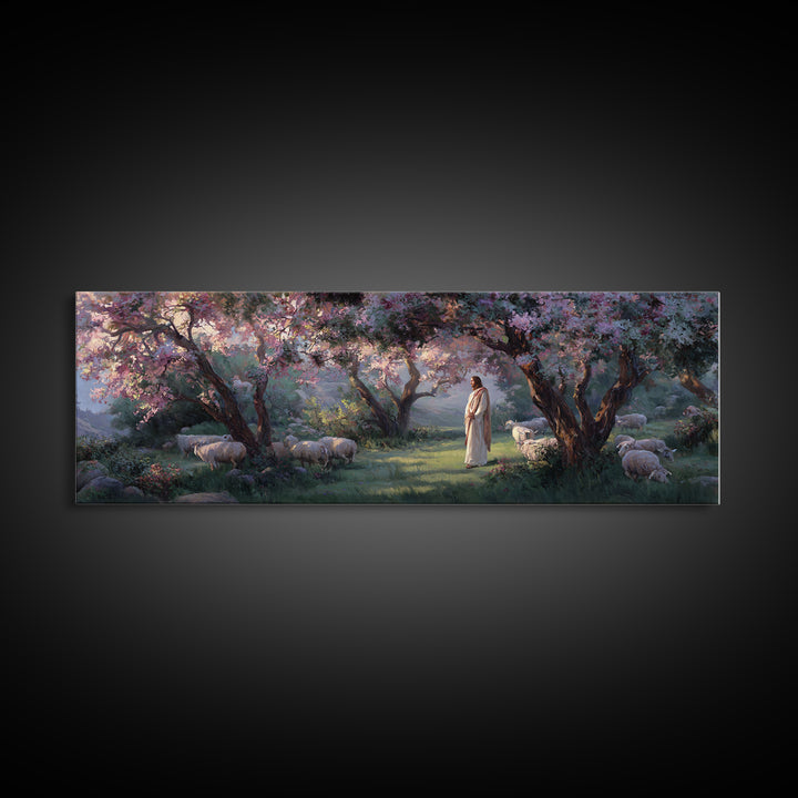 Garden Of The Shepherd, Framed Canvas Print, Panoramic Art, Christian Wall Art, Christian Art Canvas, Jesus Painting, Christian Gift