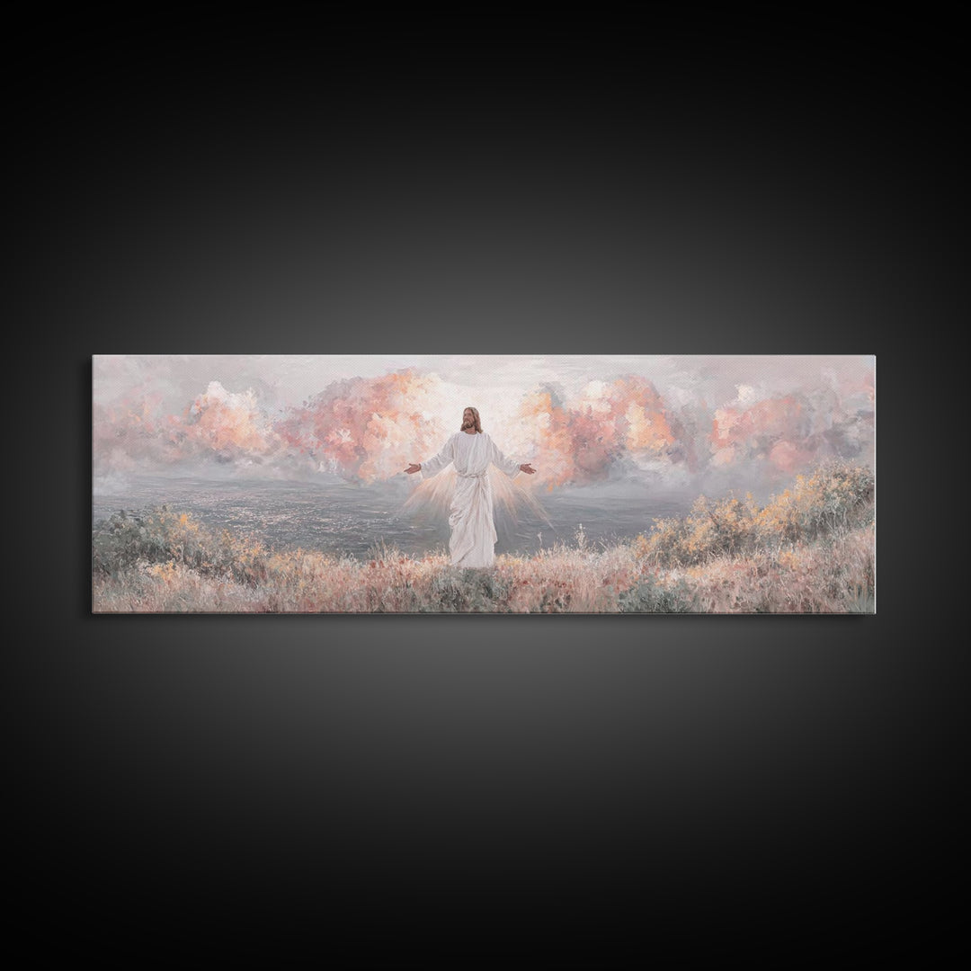 Radiant Dawn Blessing, Framed Canvas Print, Christian Wall Art, Jesus Painting, Panoramic Wall Art, Christian Art Canvas, Christmas Art Pri