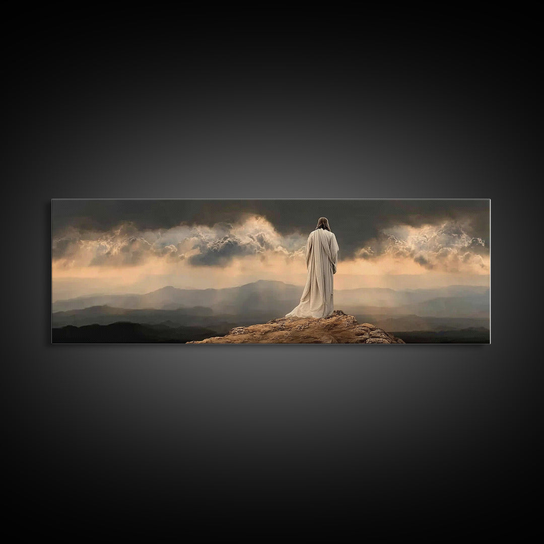 Stormlight Messiah - Framed Canvas Print - Christian Wall Art - Jesus Painting - Panoramic Frame - Christian Art Canvas - Christmas Art Fra
