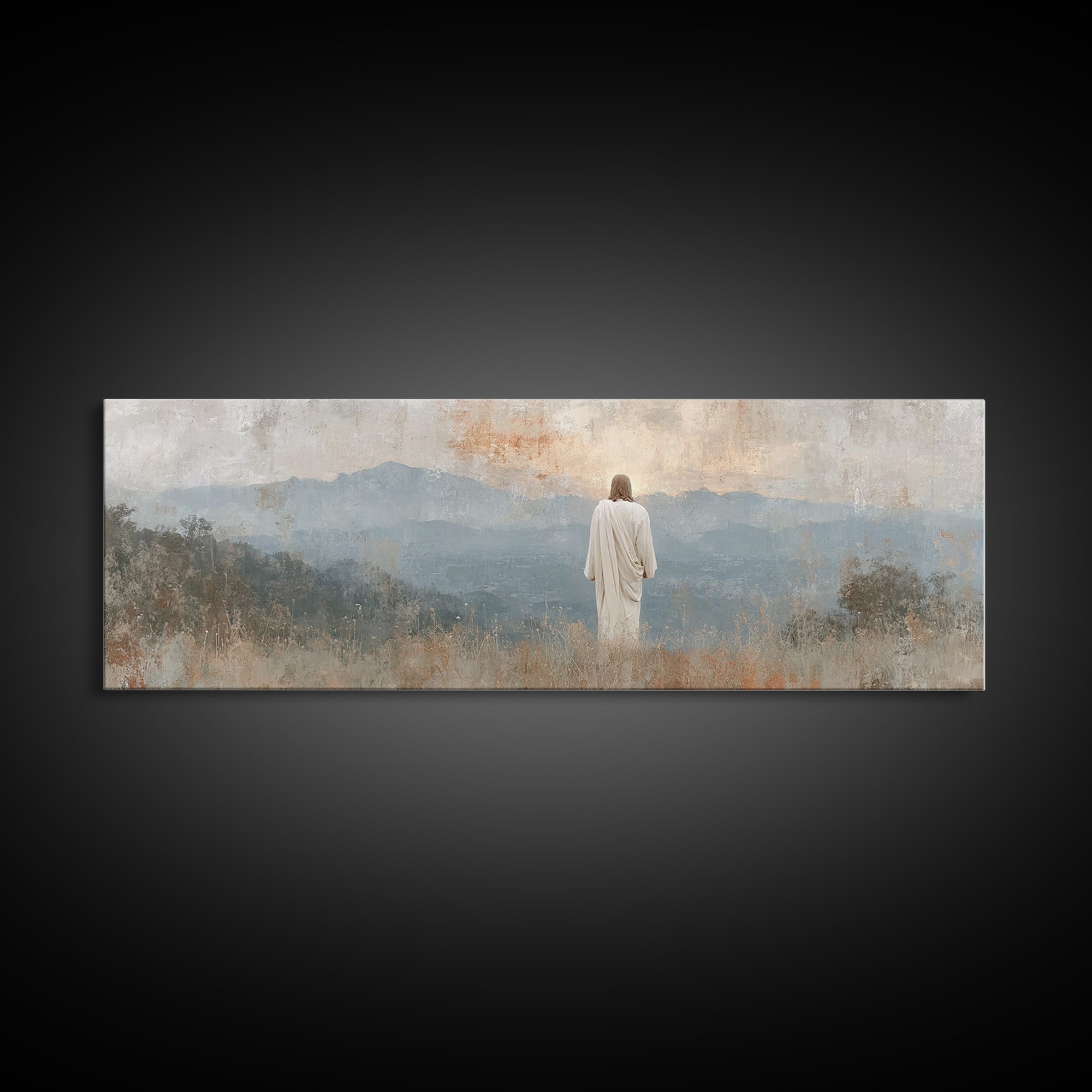 Quiet Mountain Mercy, Framed Canvas Print, Christian Wall Art, Jesus Painting, Panoramic Art, Christian Art Canvas, Christian Christmas Art