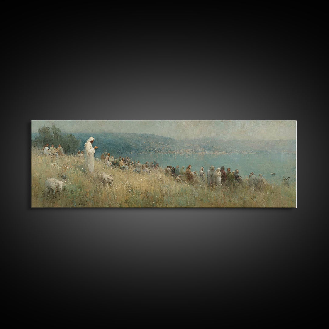 Hillside Blessing, Framed Canvas Print, Christian Wall Art, Panoramic Wall Art, Christian Art Canvas, Jesus Painting, Large Christian Paint