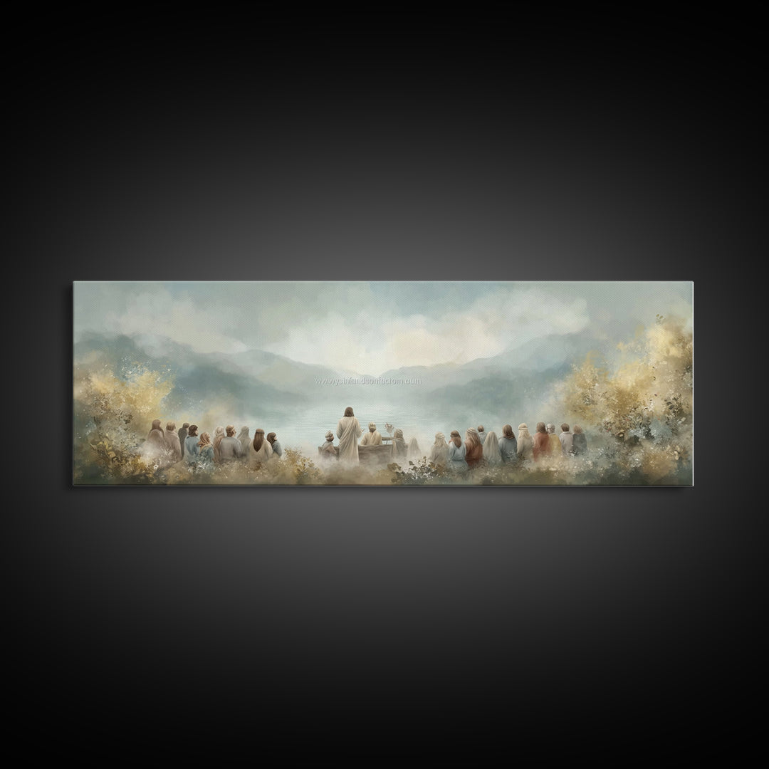 Sacred Shore Harmony | Framed Canvas Print | Christian Art Canvas | Panoramic Frame | Jesus Painting | Christian Decor | Christmas Wall Art