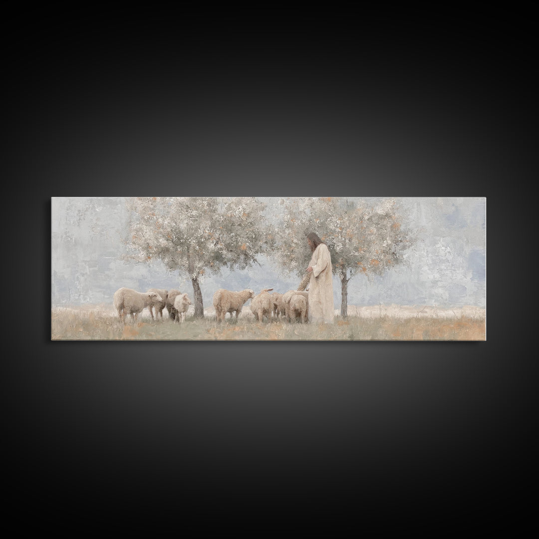 Olive Grove Shepherd, Framed Canvas Print, Panoramic Wall Art, Christian Art Canvas, Jesus Painting, Christian Decor, Christian Art