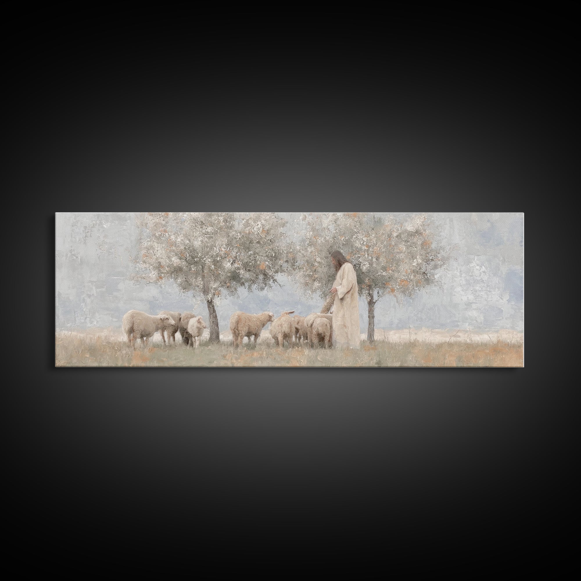 Olive Grove Shepherd, Framed Canvas Print, Panoramic Wall Art, Christian Art Canvas, Jesus Painting, Christian Decor, Christian Art