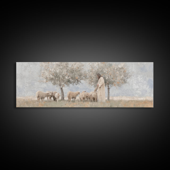 Olive Grove Shepherd, Framed Canvas Print, Panoramic Wall Art, Christian Art Canvas, Jesus Painting, Christian Decor, Christian Art