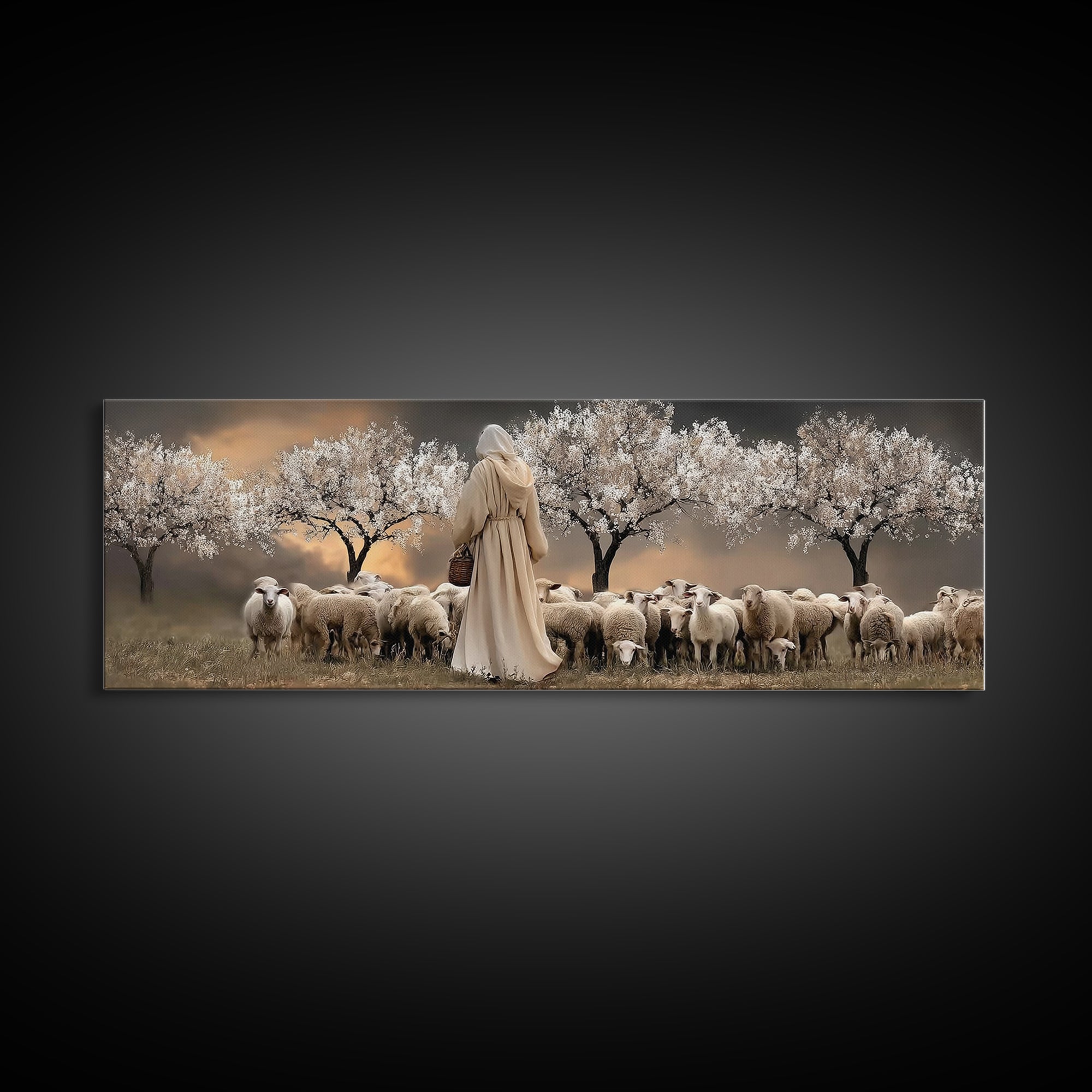 Twilight Shepherd Path – Framed Canvas Print – Panoramic Wall Art – Jesus Art Print – Christian Art Canvas – Christian Decor – Modern Chris