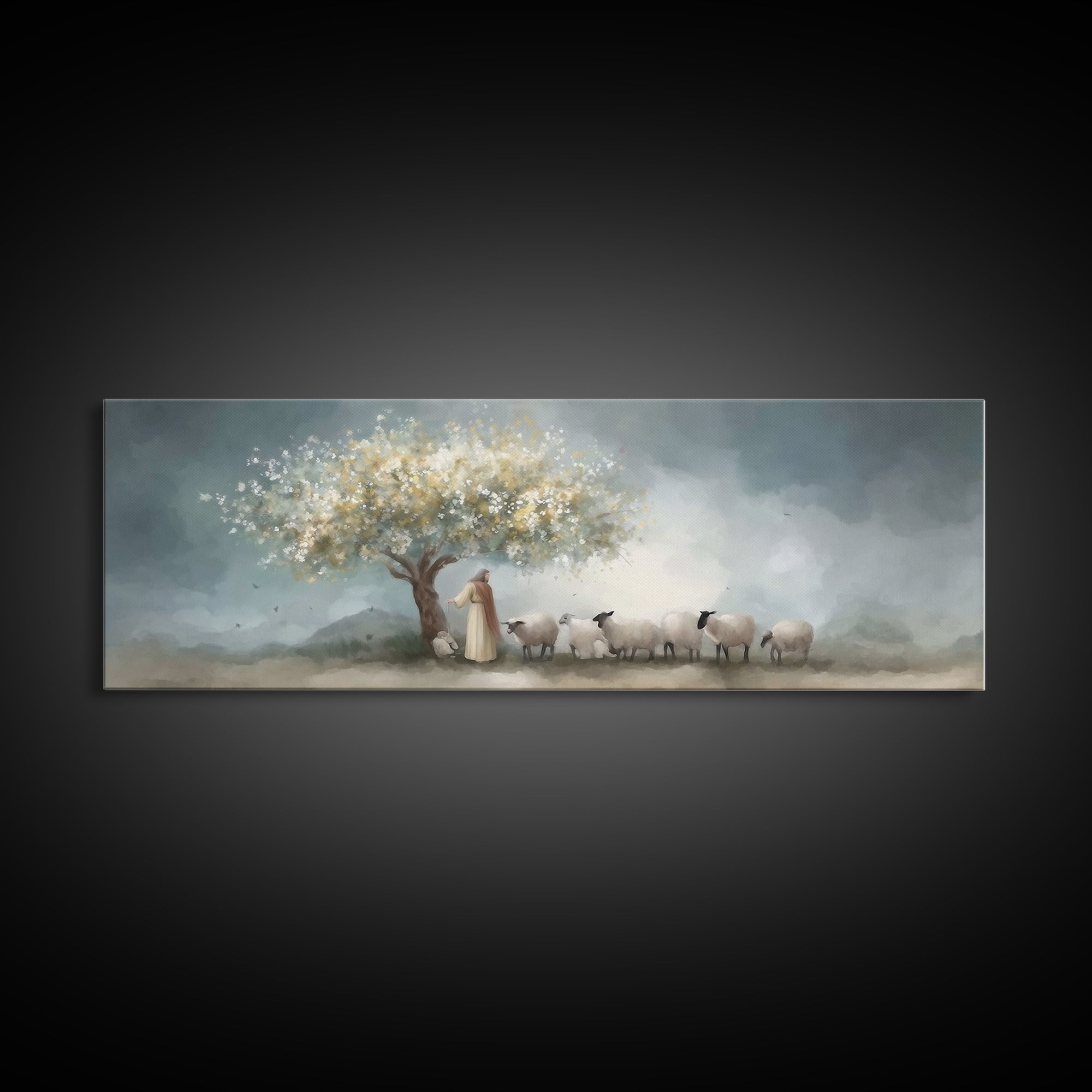 Golden Pasture Calm, Framed Canvas Print, Panoramic Art, Christian Art Print, Jesus Painting Canvas, Christian Christmas Art, Christian Dec